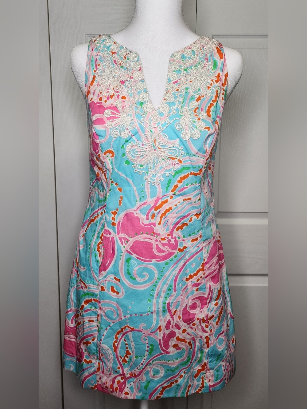 Lilly Pulitzer Sleeveless Aqua & Pink Lace-Trim Printed Shift Dress Size 2